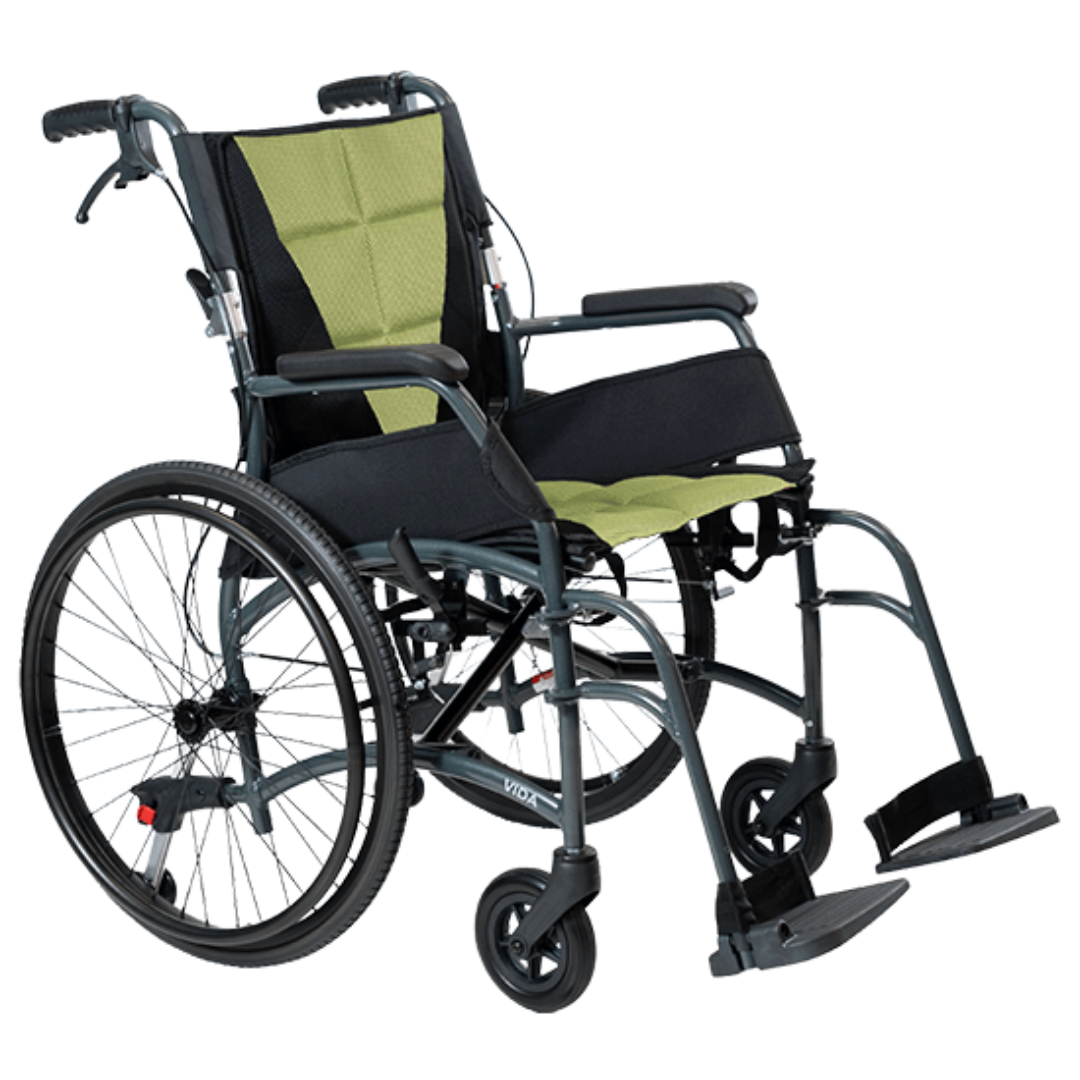 Aspire Vida Self Propelled Wheelchair with quick-release rear wheels, folding aluminium frame, and padded seat for user-driven mobility.