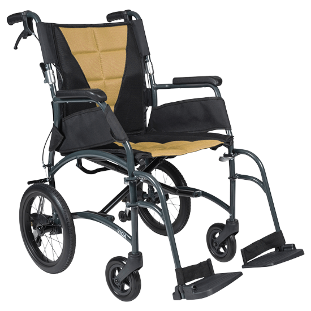 Aspire Vida Folding Manual Wheelchair with attendant brakes, swing-away footrests, and padded seat for caregiver-assisted mobility.