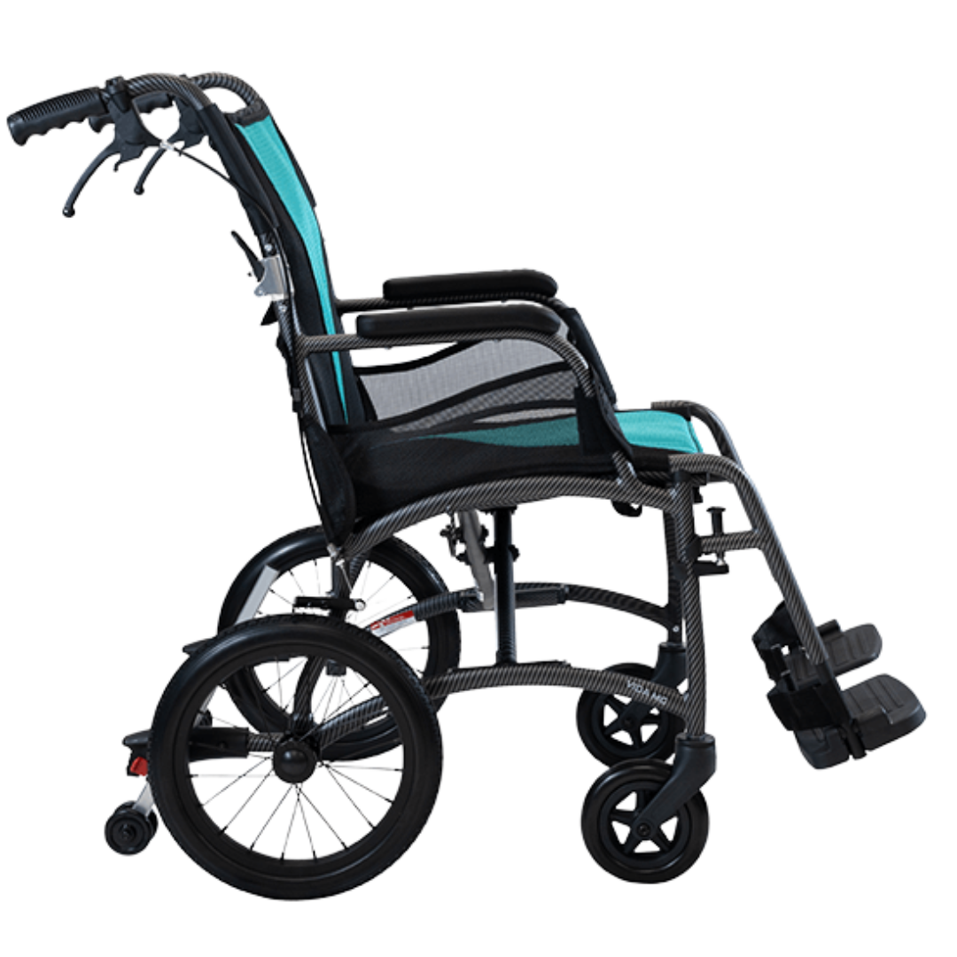 Aspire VIDA X Folding Wheelchair with adjustable armrests, swing-away leg rests, and large self-propelling rear wheels in a charcoal aluminium frame.