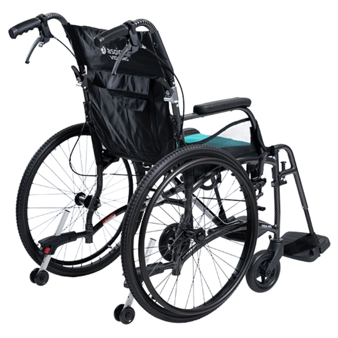 Aspire VIDA X Folding Wheelchair with adjustable armrests, swing-away leg rests, and large self-propelling rear wheels in a charcoal aluminium frame.