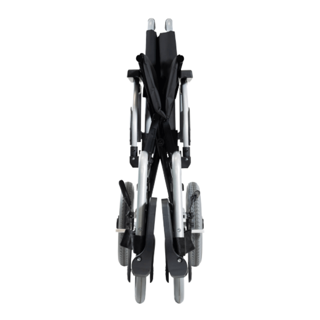 Aspire Transit 3 Folding Ward Wheelchair with black vinyl upholstery, swing-away footrests, and steel frame – ideal for clinical environments.