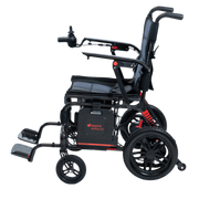 Lightweight carbon fibre powerchair with 450mm seat, joystick control, and folding frame designed for portable, comfortable powered mobility indoors and outdoors.