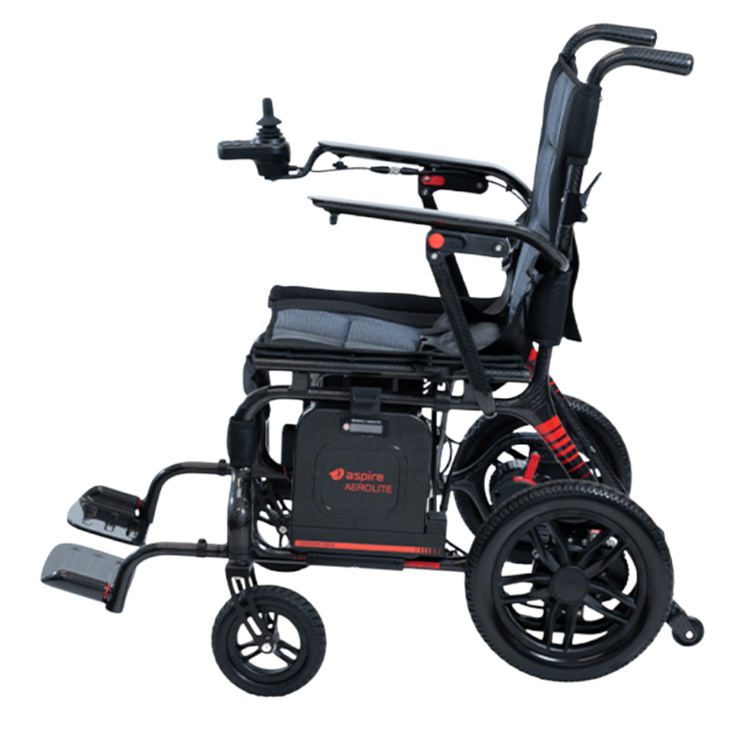 Lightweight carbon fibre powerchair with 450mm seat, joystick control, and folding frame designed for portable, comfortable powered mobility indoors and outdoors.