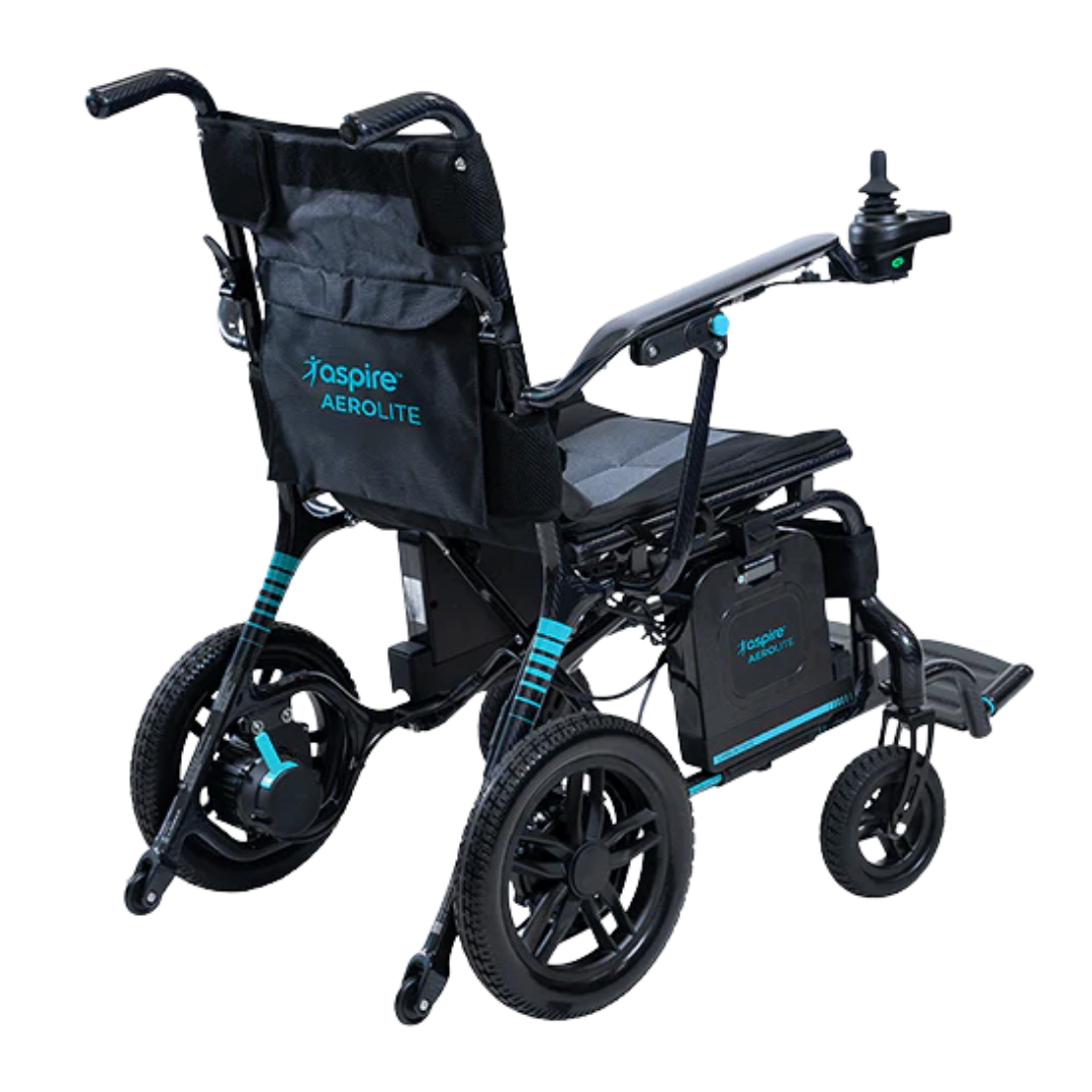 Lightweight carbon fibre powerchair with 450mm seat, joystick control, and folding frame designed for portable, comfortable powered mobility indoors and outdoors.