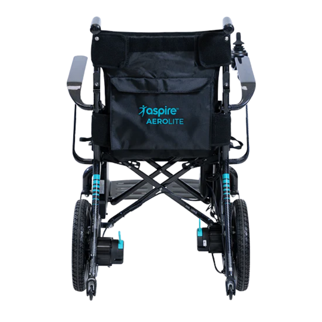 Lightweight carbon fibre powerchair with 450mm seat, joystick control, and folding frame designed for portable, comfortable powered mobility indoors and outdoors.