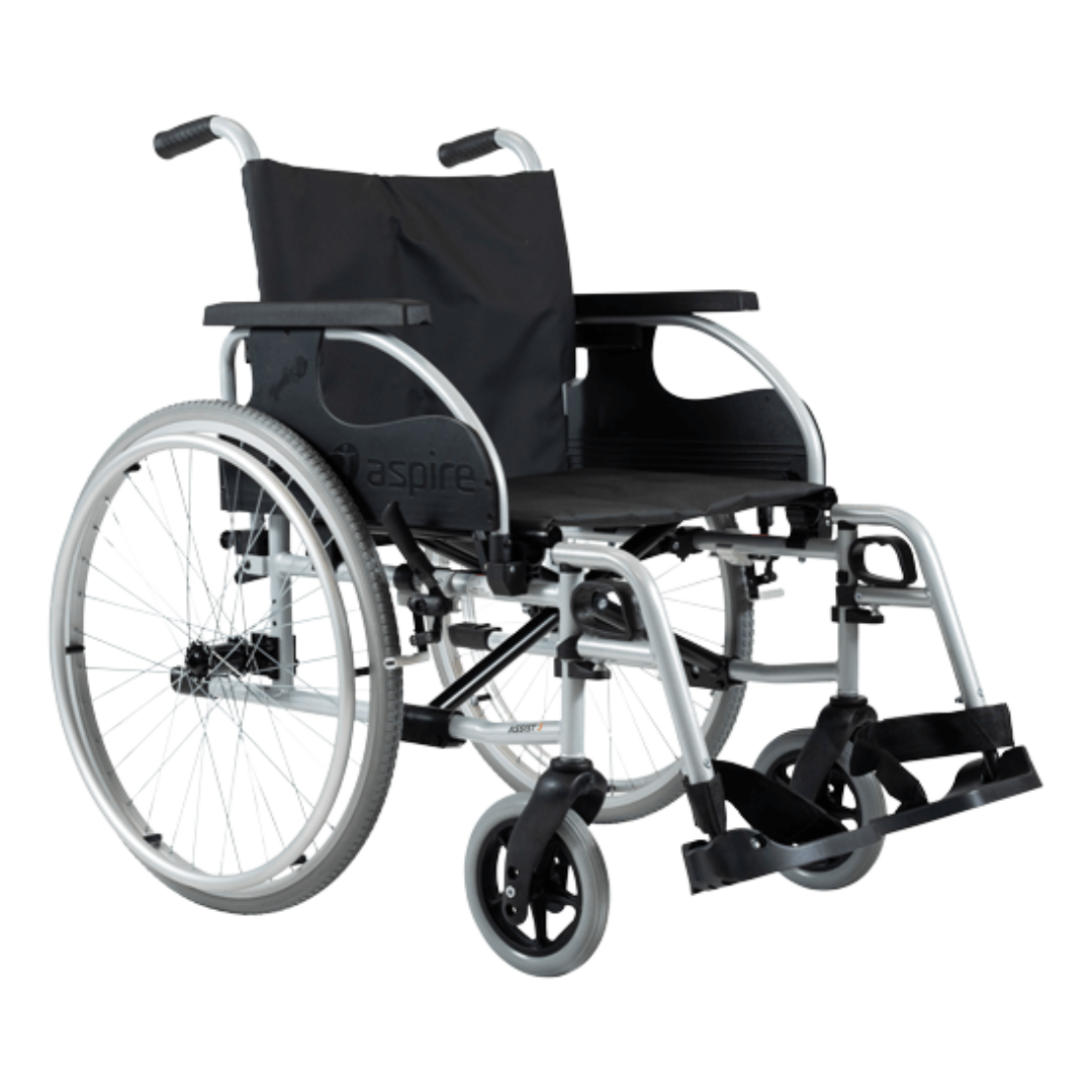 Aspire Assist 3 Folding Deluxe Wheelchair with black vinyl seat, padded armrests, and foldable steel frame – ideal for clinical or home use.