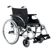 Aspire Assist 3 Folding Deluxe Wheelchair with black vinyl seat, padded armrests, and foldable steel frame – ideal for clinical or home use.