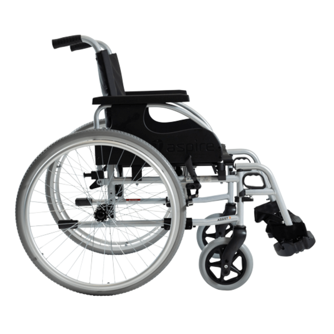 Aspire Assist 3 Folding Deluxe Wheelchair with black vinyl seat, padded armrests, and foldable steel frame – ideal for clinical or home use.