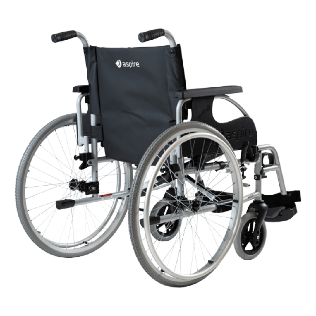 Aspire Assist 3 Folding Deluxe Wheelchair with black vinyl seat, padded armrests, and foldable steel frame – ideal for clinical or home use.