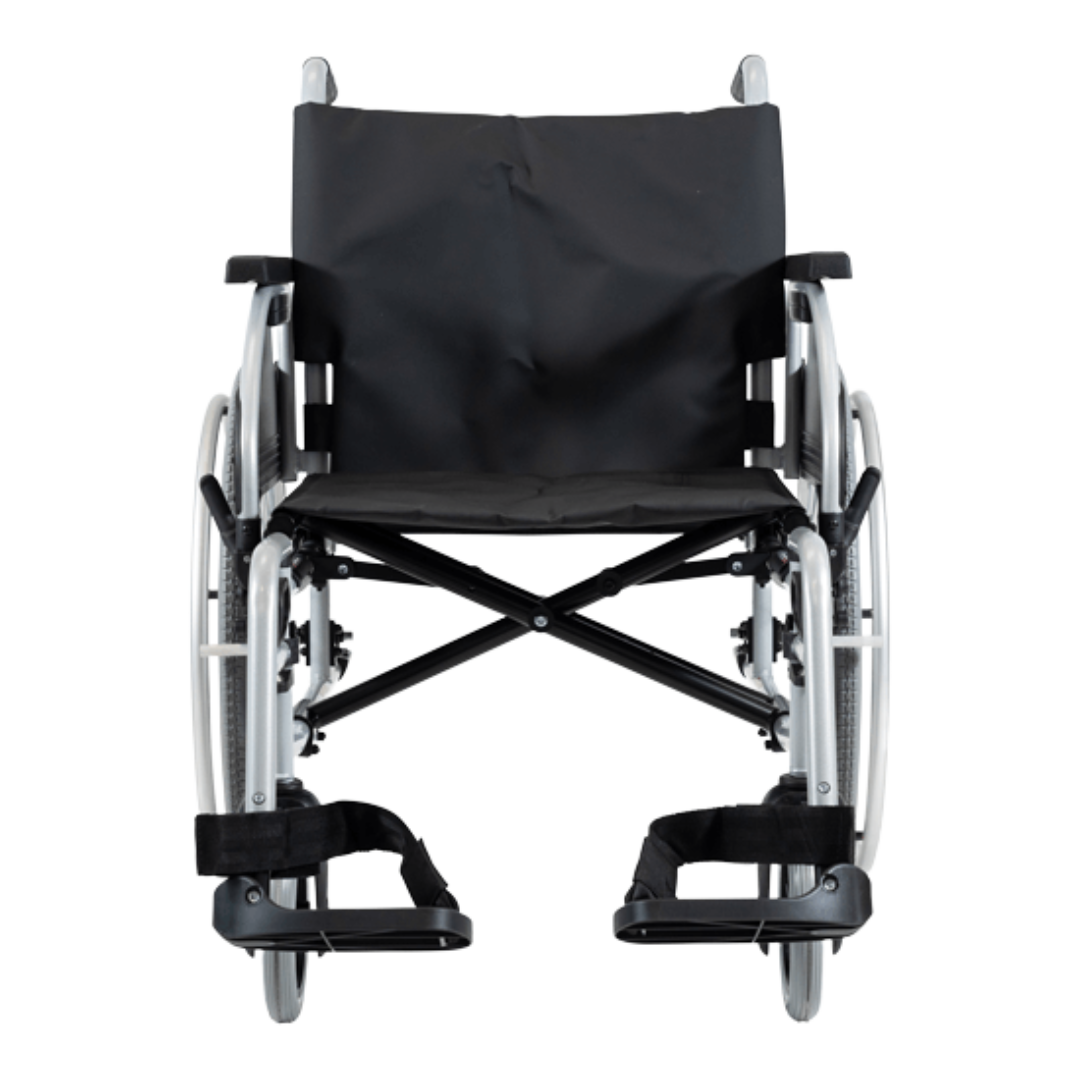 Aspire Assist 3 Folding Deluxe Wheelchair with black vinyl seat, padded armrests, and foldable steel frame – ideal for clinical or home use.