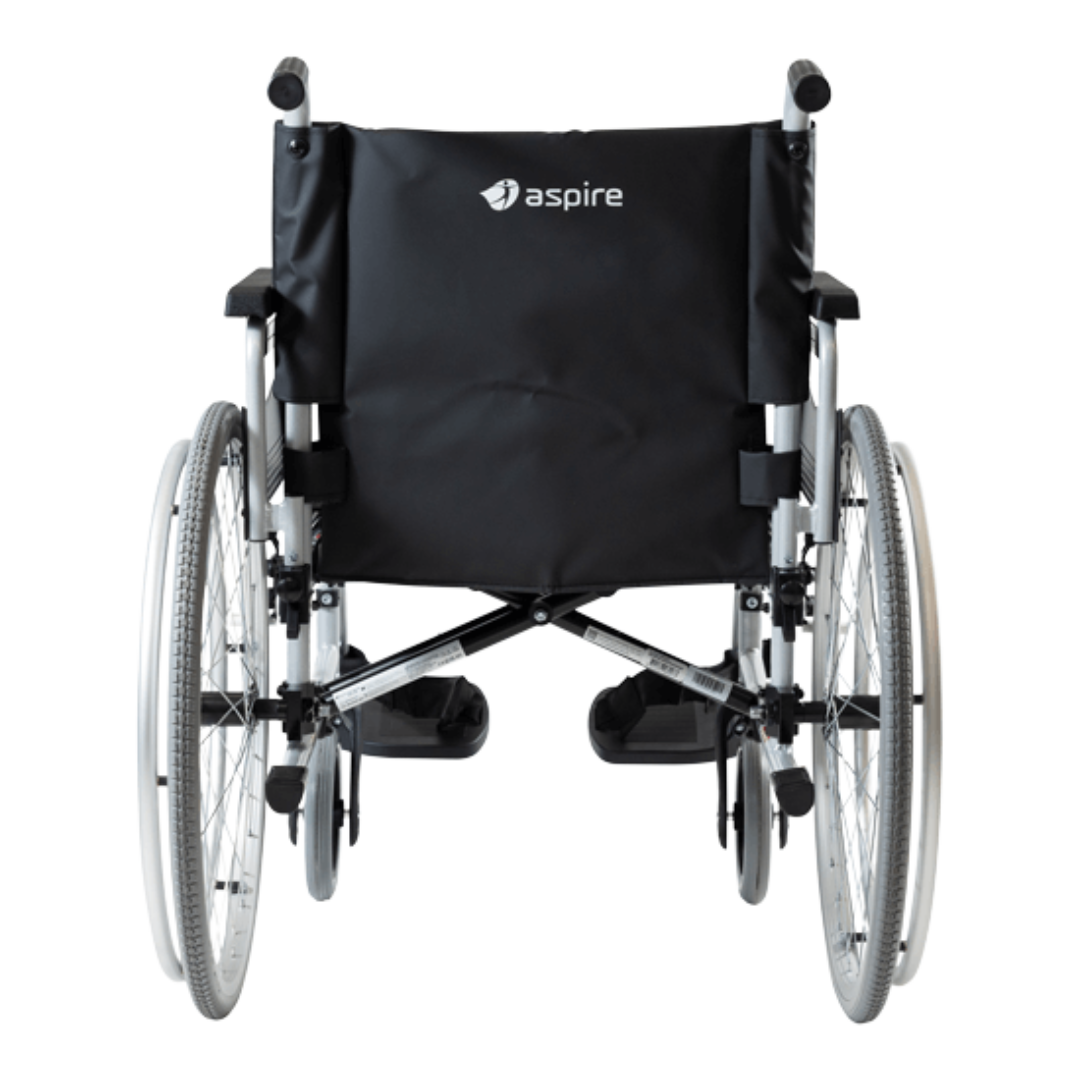Aspire Assist 3 Folding Deluxe Wheelchair with black vinyl seat, padded armrests, and foldable steel frame – ideal for clinical or home use.