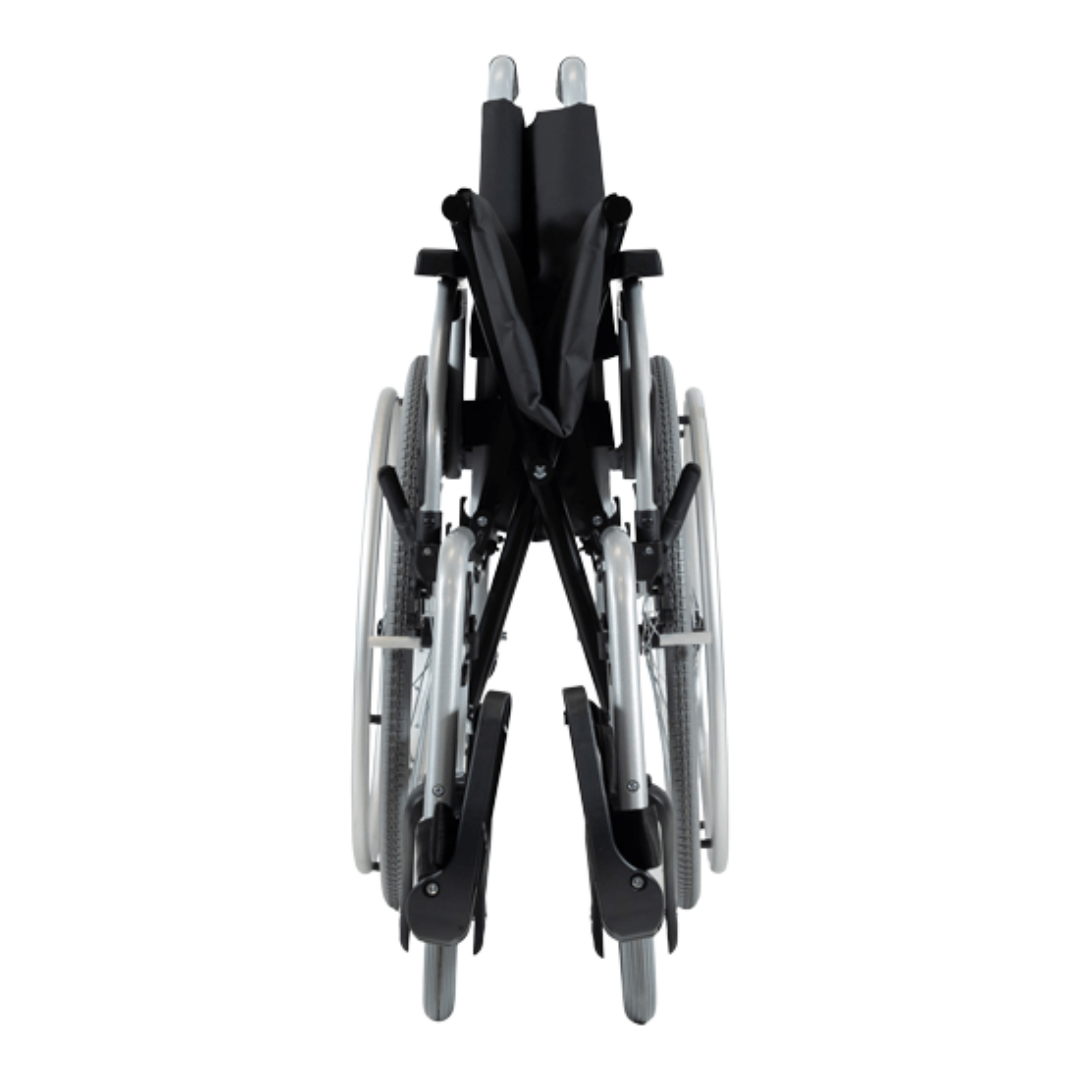 Aspire Assist 3 Folding Deluxe Wheelchair with black vinyl seat, padded armrests, and foldable steel frame – ideal for clinical or home use.