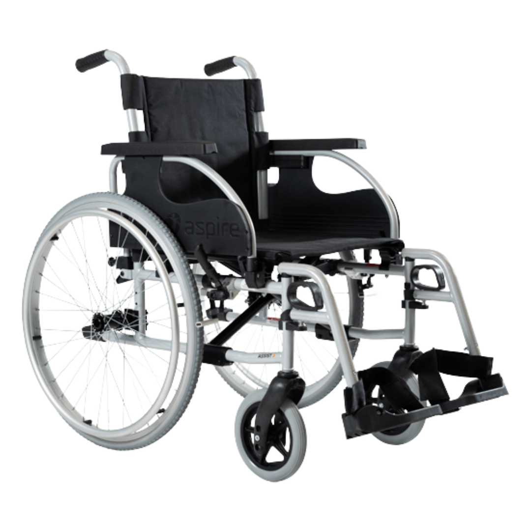 Aspire Assist 3 Folding Manual Wheelchair with black frame, padded seat, and large rear wheels – suitable for self-propelling users.