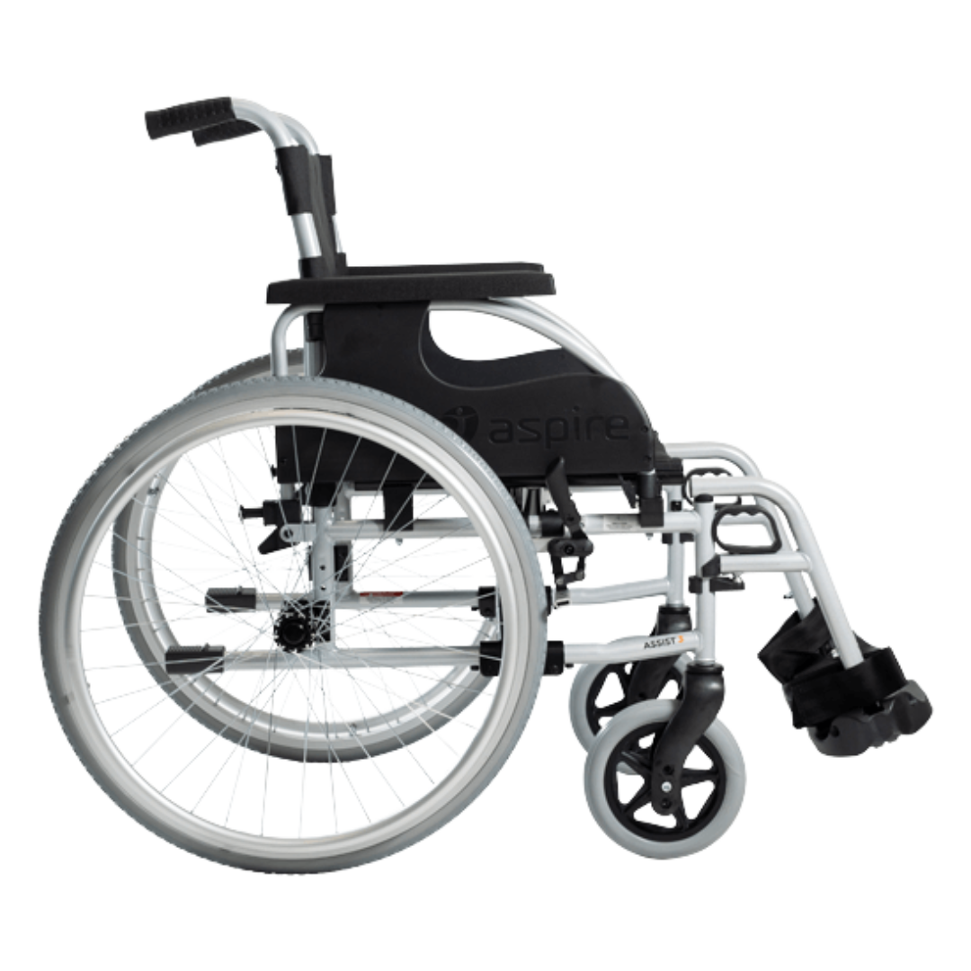 Aspire Assist 3 Folding Manual Wheelchair with black frame, padded seat, and large rear wheels – suitable for self-propelling users.