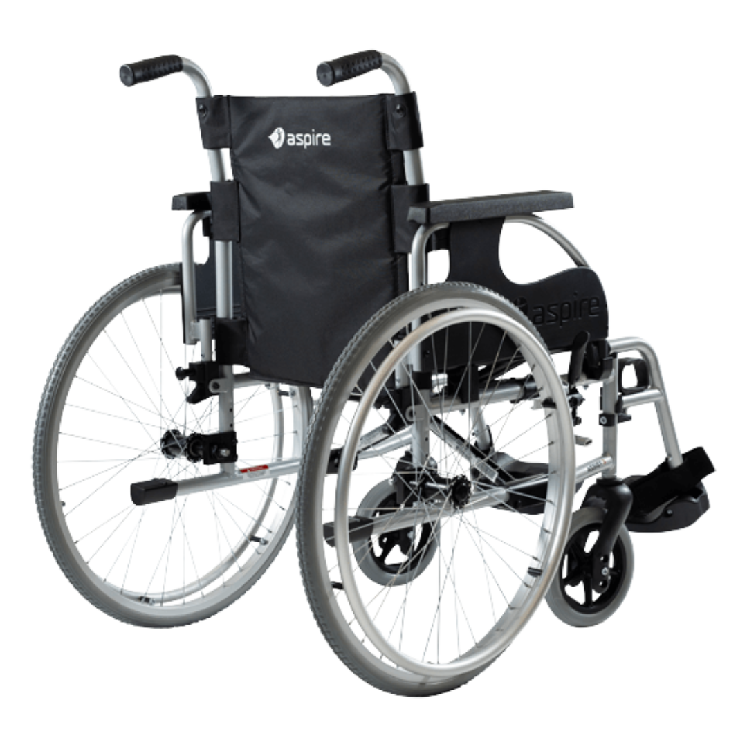 Aspire Assist 3 Folding Manual Wheelchair with black frame, padded seat, and large rear wheels – suitable for self-propelling users.