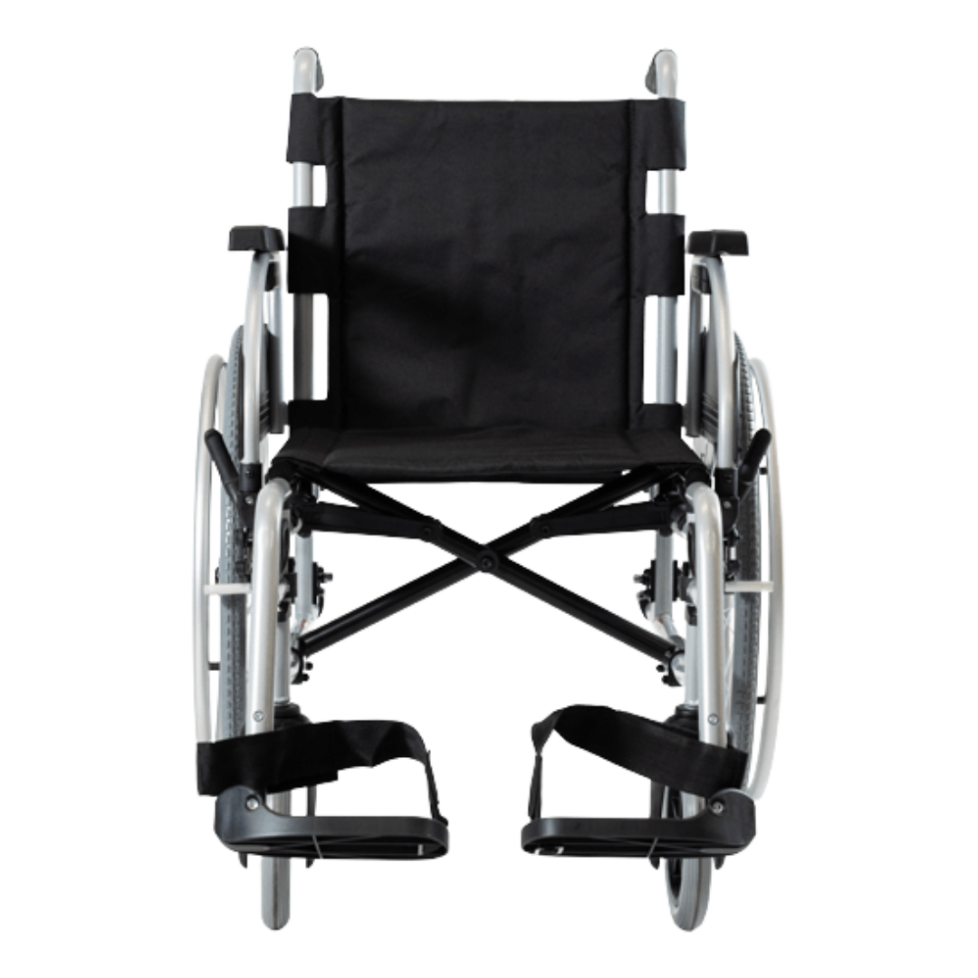 Aspire Assist 3 Folding Manual Wheelchair with black frame, padded seat, and large rear wheels – suitable for self-propelling users.