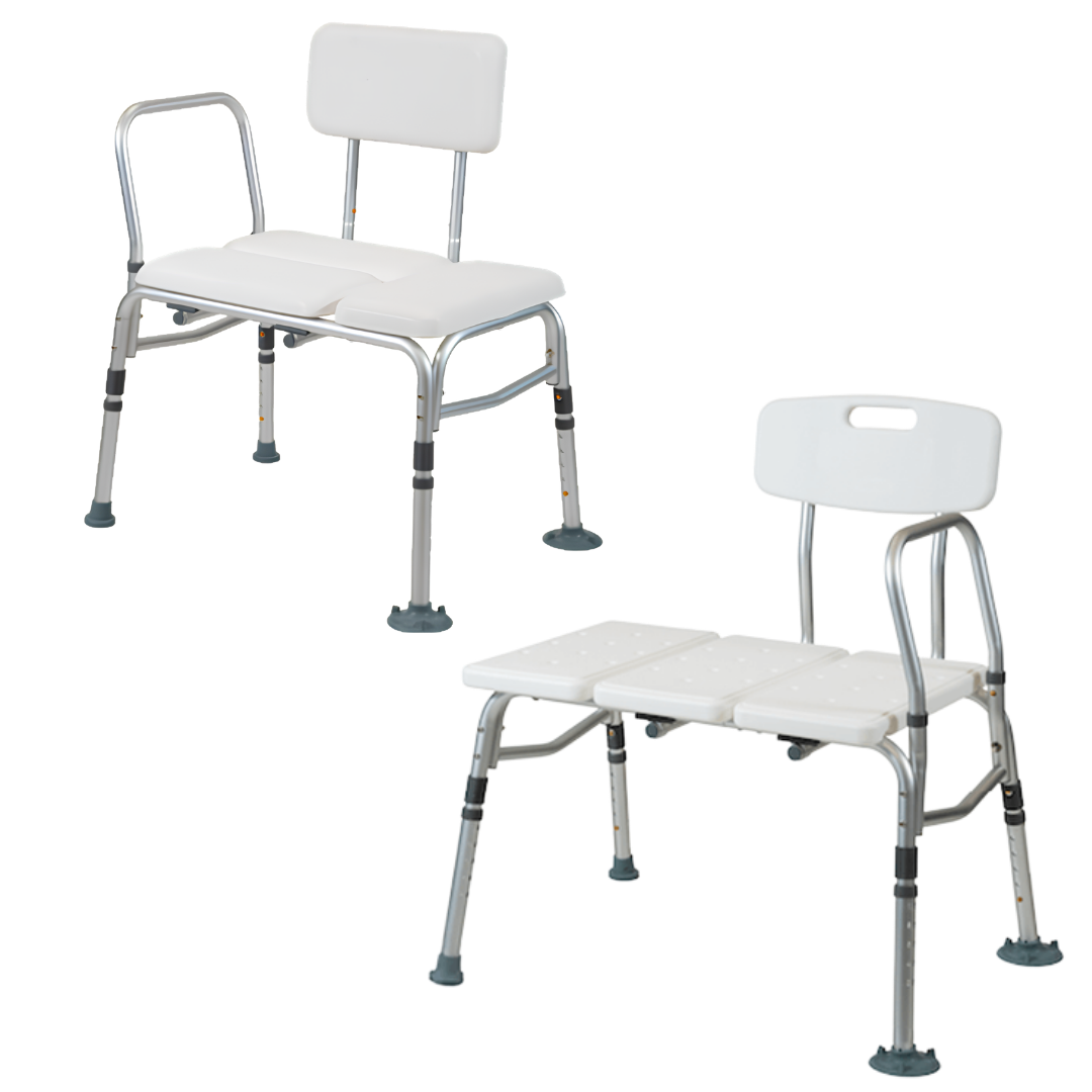 Aspire Bath Transfer Bench with choice of plastic or padded seat, sturdy frame, adjustable height, supports safe transfers and bathing independence.