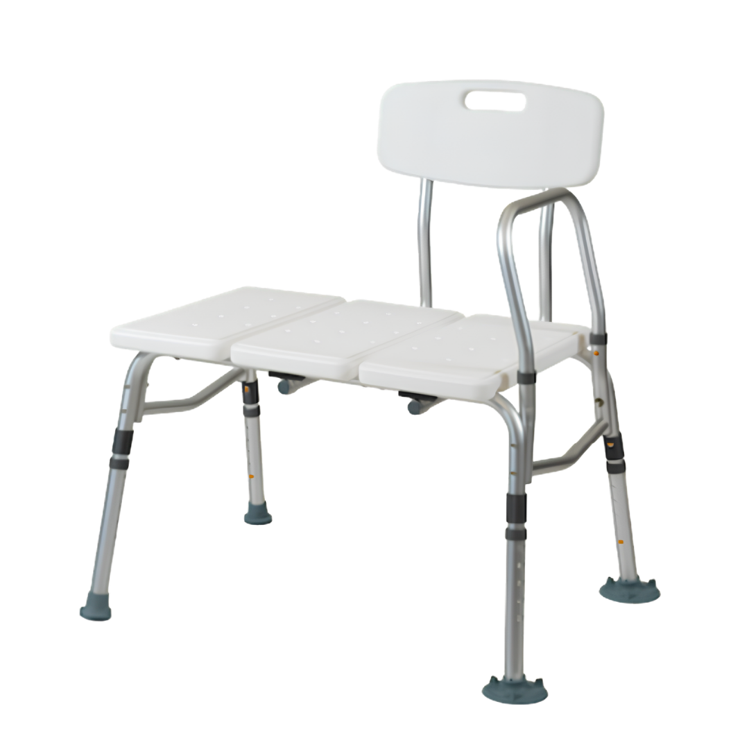 Aspire Bath Transfer Bench with choice of plastic or padded seat, sturdy frame, adjustable height, supports safe transfers and bathing independence.