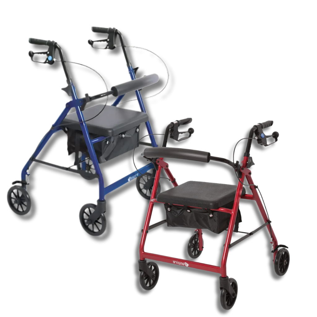 Two rollators, one blue and one red, on a white background