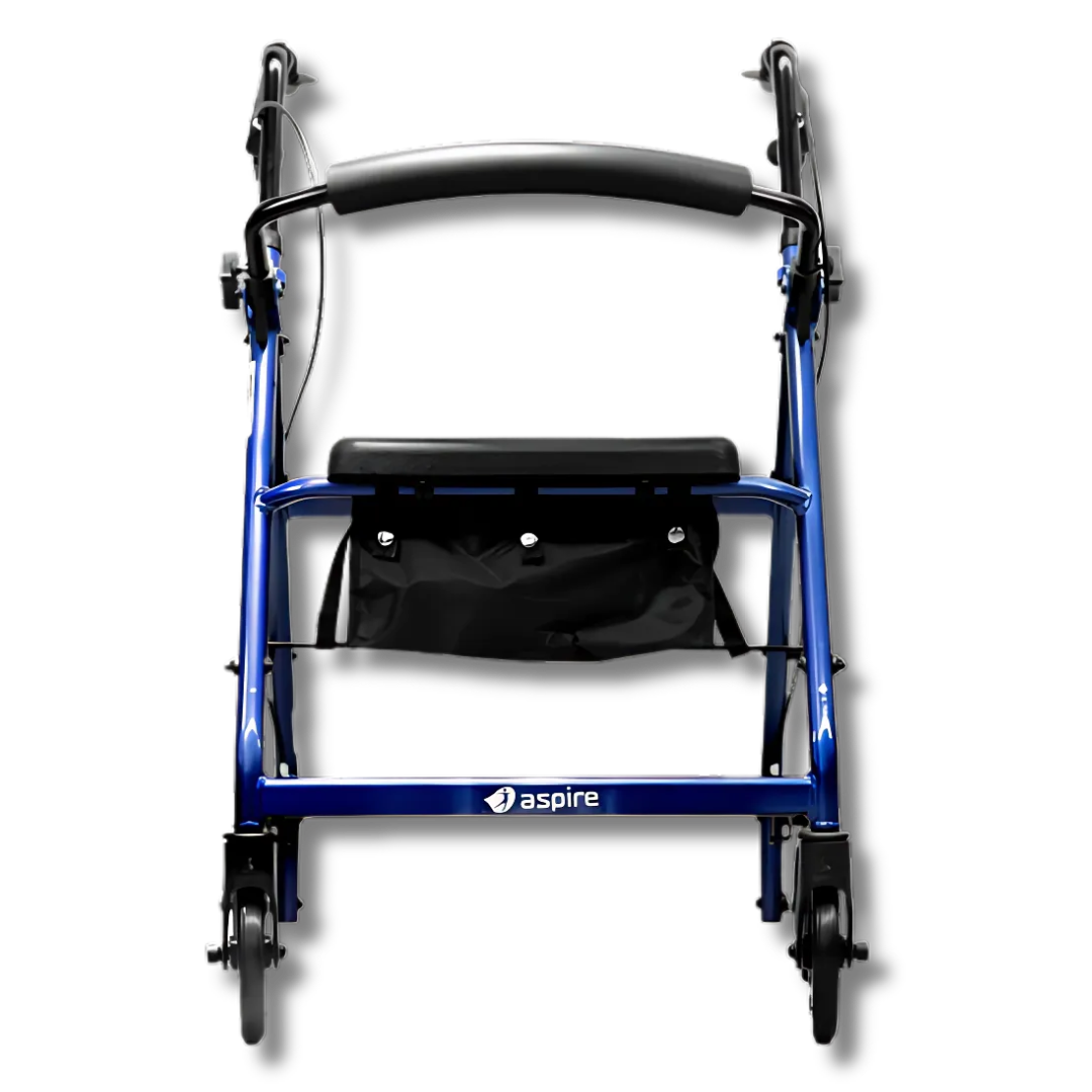 Aspire Classic 6" Wheels Seat Walker available in blue and red, foldable frame with padded seat for safe mobility.