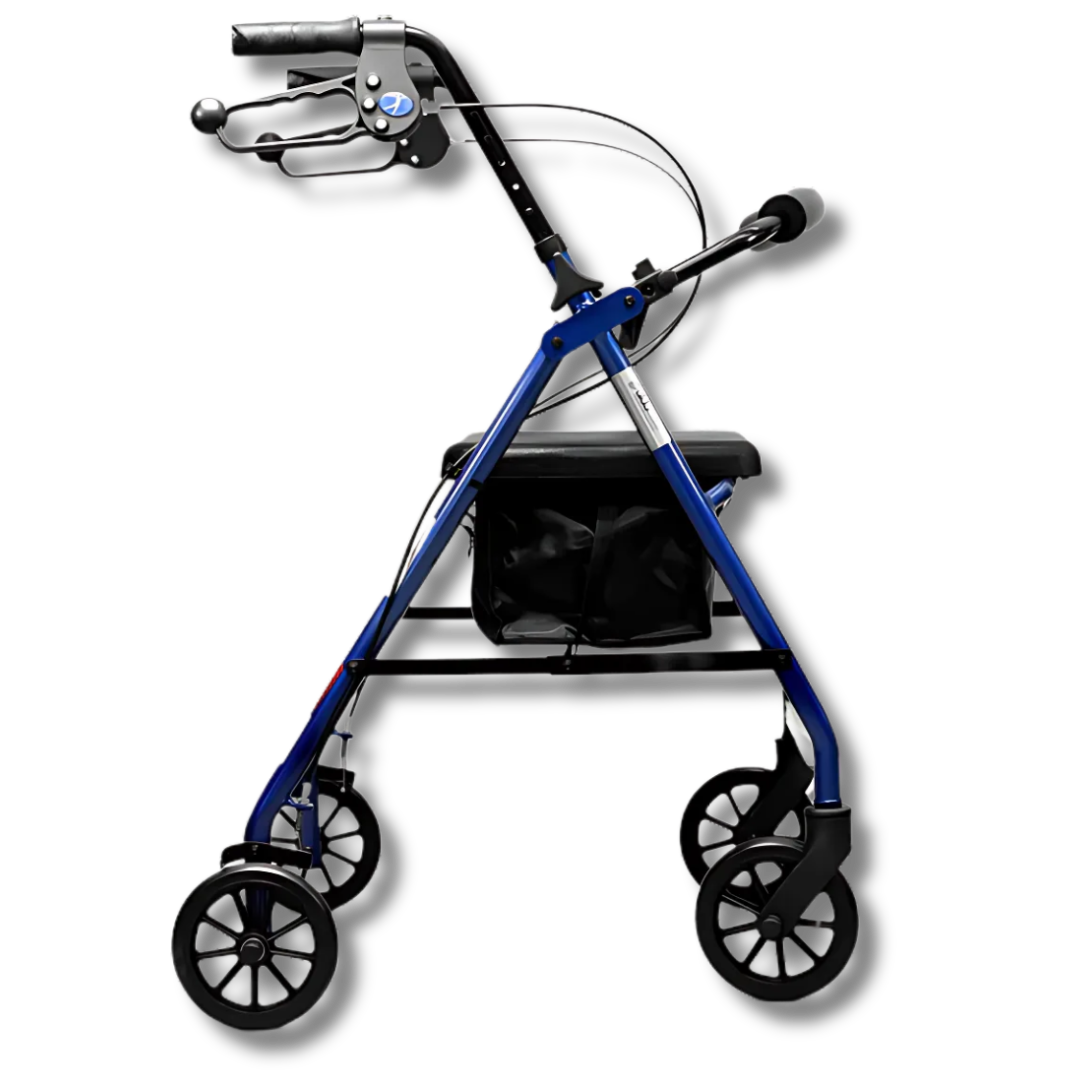 Aspire Classic 6" Wheels Seat Walker available in blue and red, foldable frame with padded seat for safe mobility.