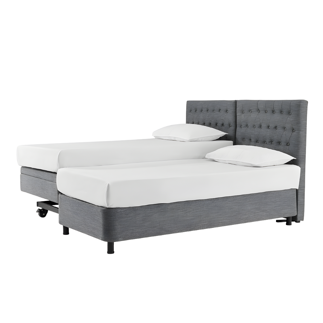 Aspire ComfiMotion Chesterfield Headboard in Portobello Grey King Single, offering elegant style and secure support for enhanced comfort in bed.