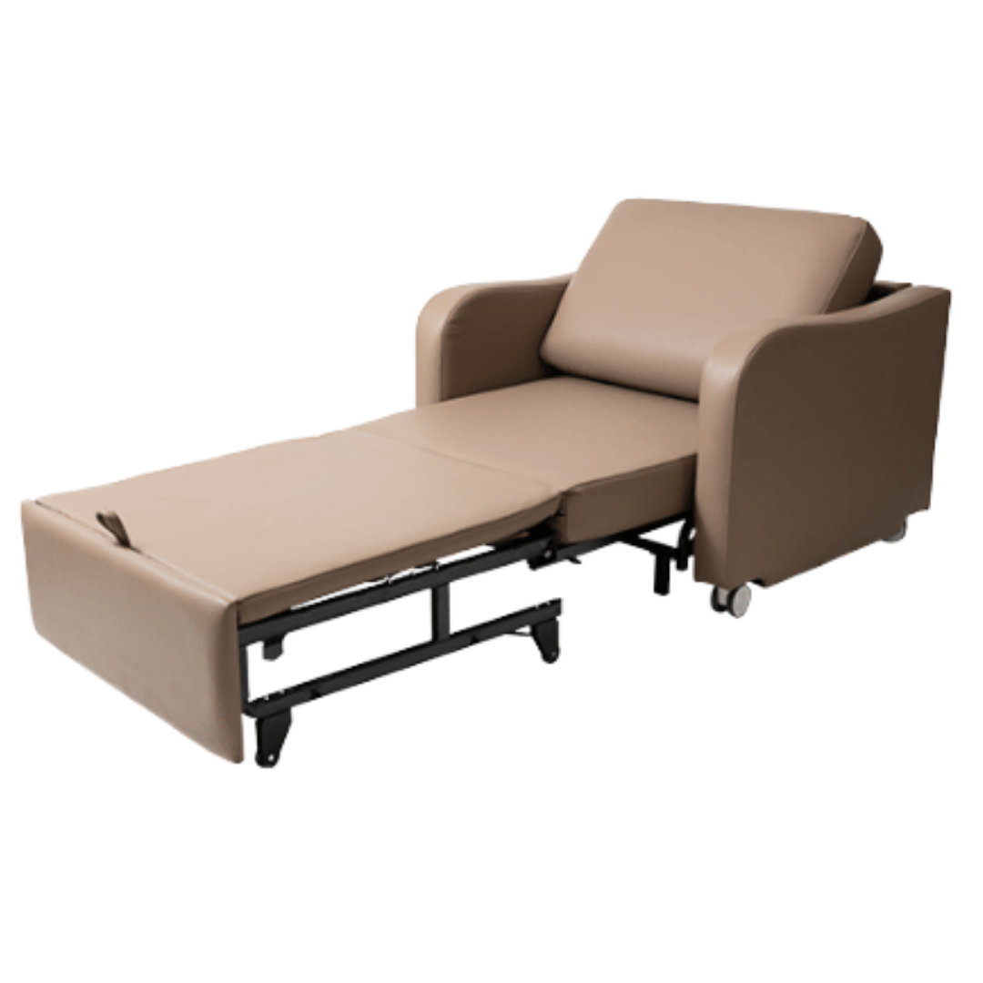 Aspire Comfy Sleeper overnight chair easily converts to a supportive bed, padded design for comfort, ideal for visitors staying in healthcare or home settings.