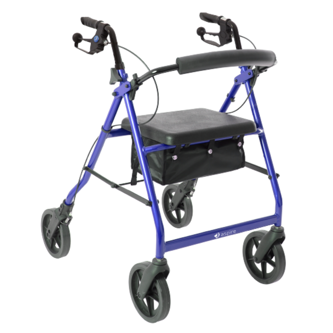 Aspire Deluxe Seat Walker in blue, lightweight frame with 130kg safe working load, 46cm seat width, and 82–94cm adjustable height range.