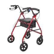 Stylish Aspire Deluxe Seat Walker in red, lightweight frame with 130kg safe working load, 46cm seat width, 82–94cm adjustable height range.