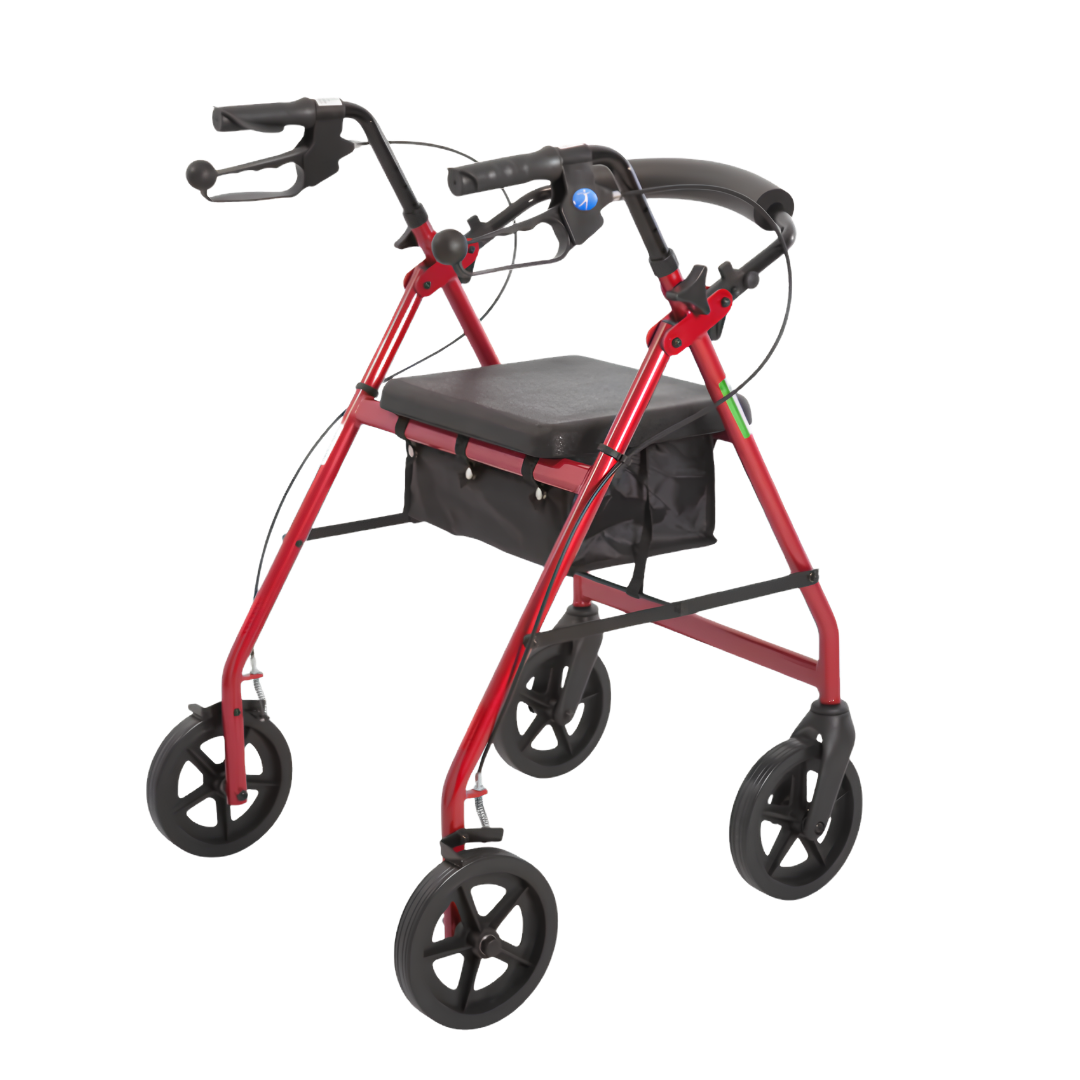 Stylish Aspire Deluxe Seat Walker in red, lightweight frame with 130kg safe working load, 46cm seat width, 82–94cm adjustable height range.