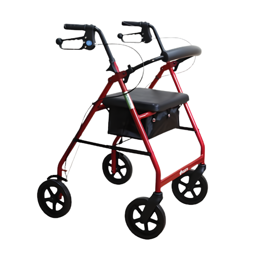 Stylish Aspire Deluxe Seat Walker in red, lightweight frame with 130kg safe working load, 46cm seat width, 82–94cm adjustable height range.