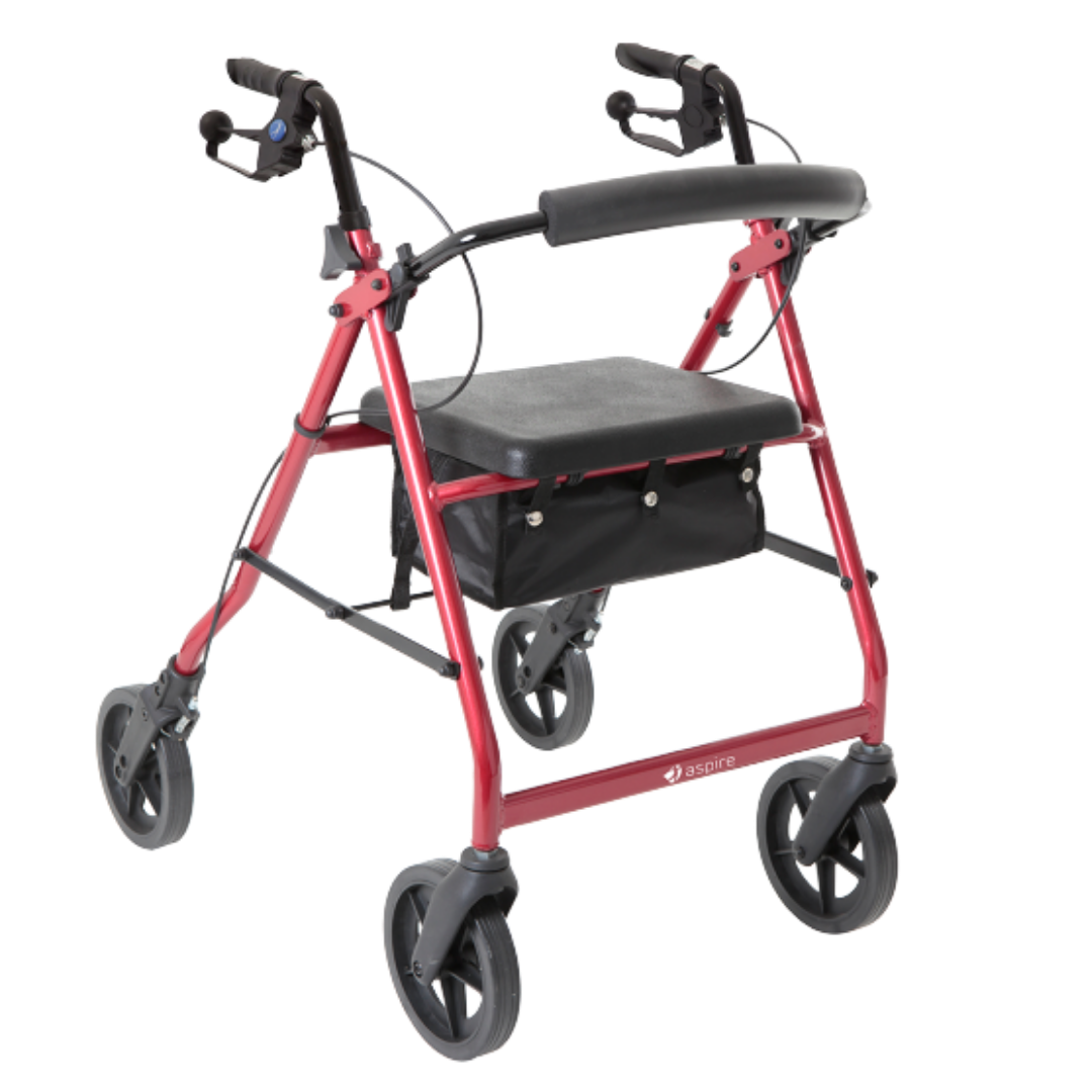 Stylish Aspire Deluxe Seat Walker in red, lightweight frame with 130kg safe working load, 46cm seat width, 82–94cm adjustable height range.