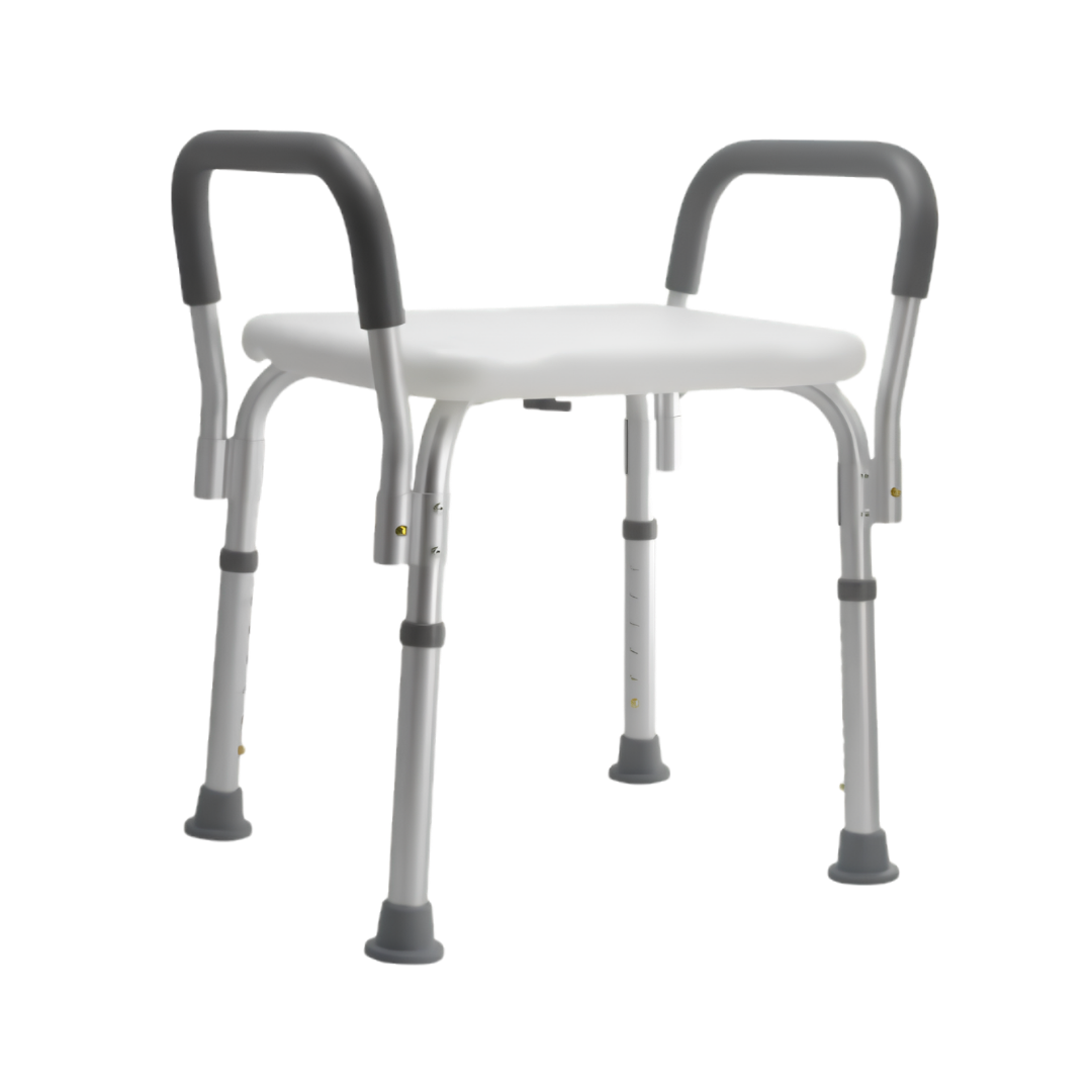 Compact Aspire Homecare Shower Stool, lightweight 100kg safe working load, 34cm seat depth, 41cm seat width, 44–57cm adjustable seat height.