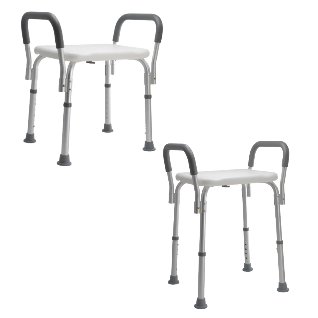 Compact Aspire Homecare Shower Stool, lightweight 100kg safe working load, 34cm seat depth, 41cm seat width, 44–57cm adjustable seat height.