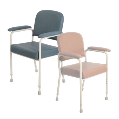 Two chairs, one blue and one pink, on a white background