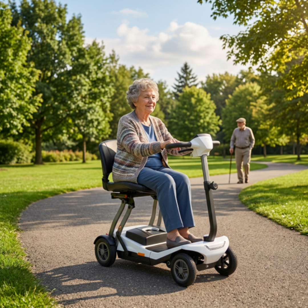 Compact Aspire Mini manual-folding mobility scooter with LED lights, lithium battery, and portable design for safe, everyday independence.