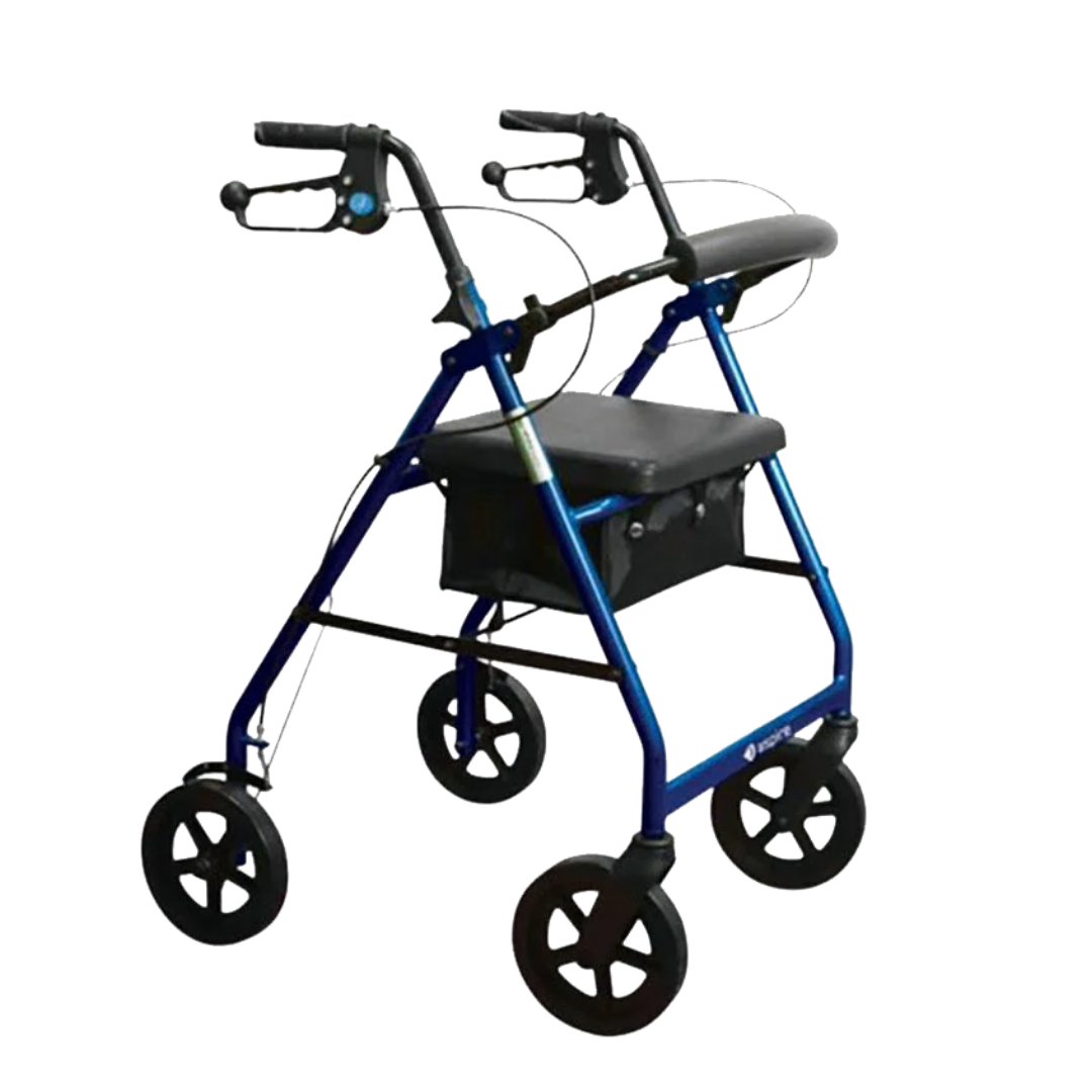 Aspire Mini Seat Walker with 6-inch wheels, compact lightweight frame, padded seat and handles for safe, portable mobility support
