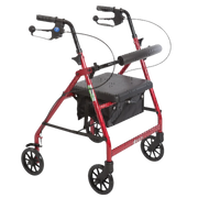 Aspire Mini Seat Walker with 6" wheels, available in red and blue, compact foldable frame with padded seat.