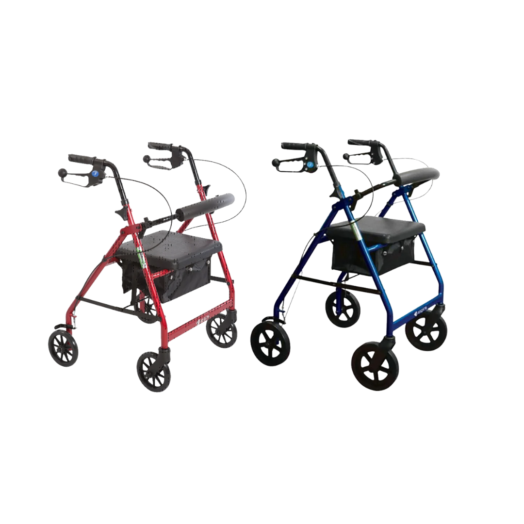 Aspire Mini Seat Walker with 6" wheels, available in red and blue, compact foldable frame with padded seat.