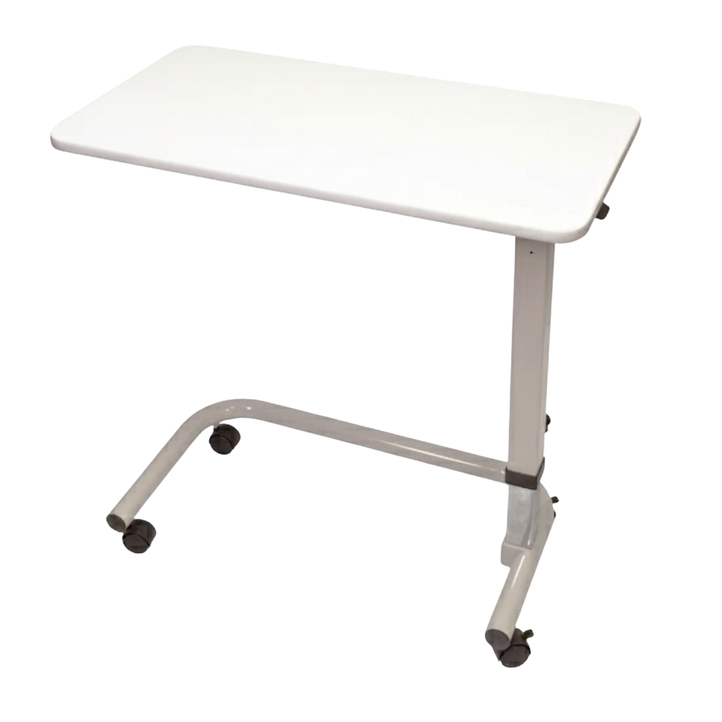 White adjustable table on wheels with a white background