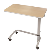 Adjustable hospital bed side table with beige top and white base on a white background