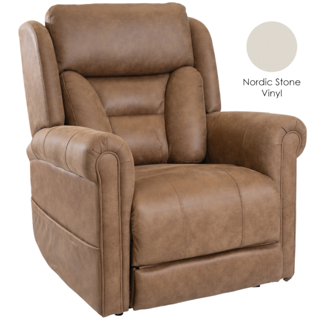 Aspire Raphael Quattro Powerlift Recline Chair available in Petite, Small, Medium, Large, and Maxi sizes with Golden Grain, Marina Grey, and Nordic Stone Vinyl finishes.