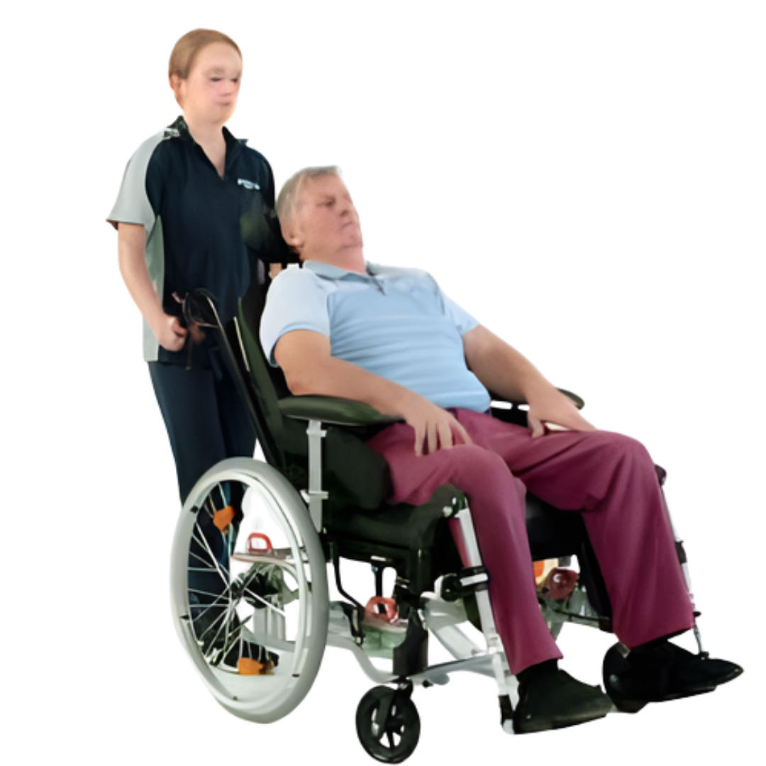 Aspire Rehab RX tilt-in-space wheelchair with adjustable 410–460mm and 460–510mm seat widths, designed for adults needing customised posture and pressure support.