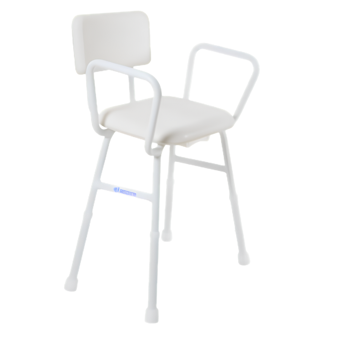 Aspire Shower Stool with padded seat and back, treated steel frame, 175kg safe working load, 31cm seat depth, 37.5cm width, 47–66.5cm height range.