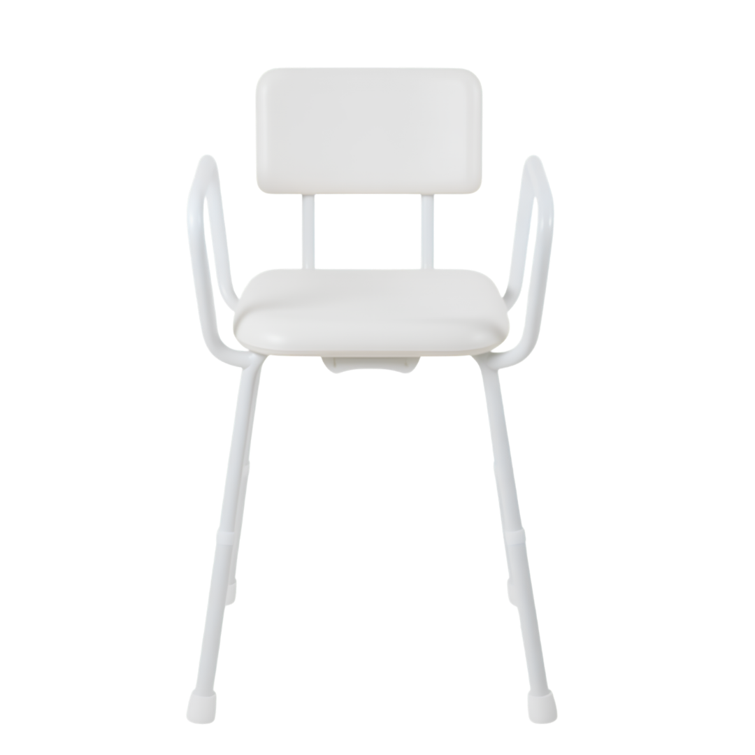 Aspire Shower Stool with padded seat and back, treated steel frame, 175kg safe working load, 31cm seat depth, 37.5cm width, 47–66.5cm height range.