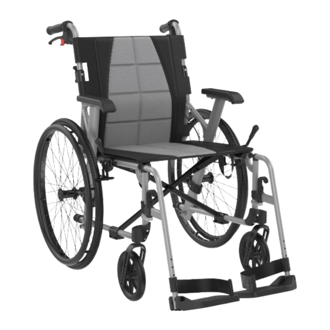 Aspire Socialite Wheelchair Ultra lightweight design with 115kg capacity, available in self-propelled and attendant propelled models in Silver and Red.