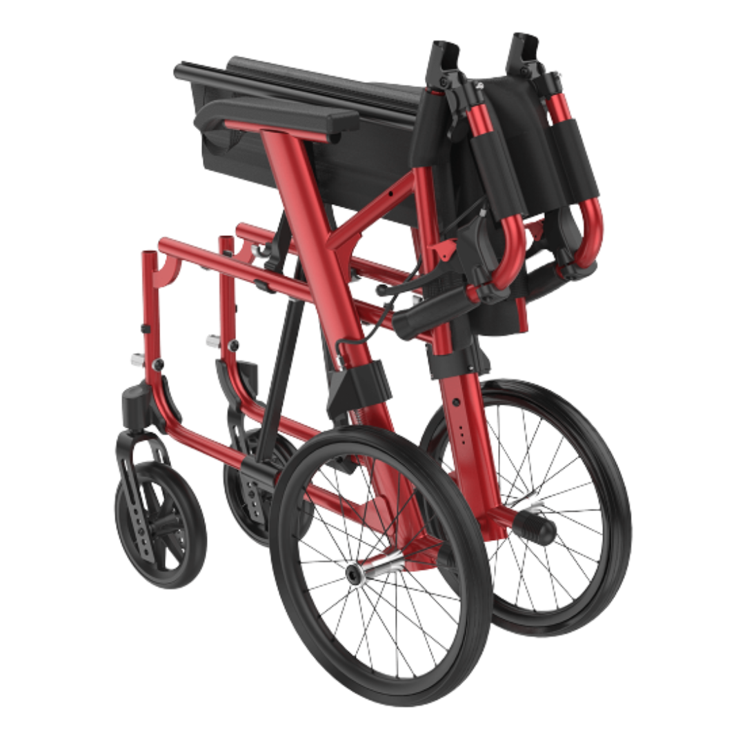 Aspire Socialite Folding Wheelchair with lightweight aluminium frame, padded seat, flip-up armrests, and swing-away footrests in a compact fold-down design.