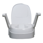 Aspire Raised Toilet Seat with swing back arms, textured grips, height adjustable, moulded plastic lid, safe 136 kg load for bathroom support.