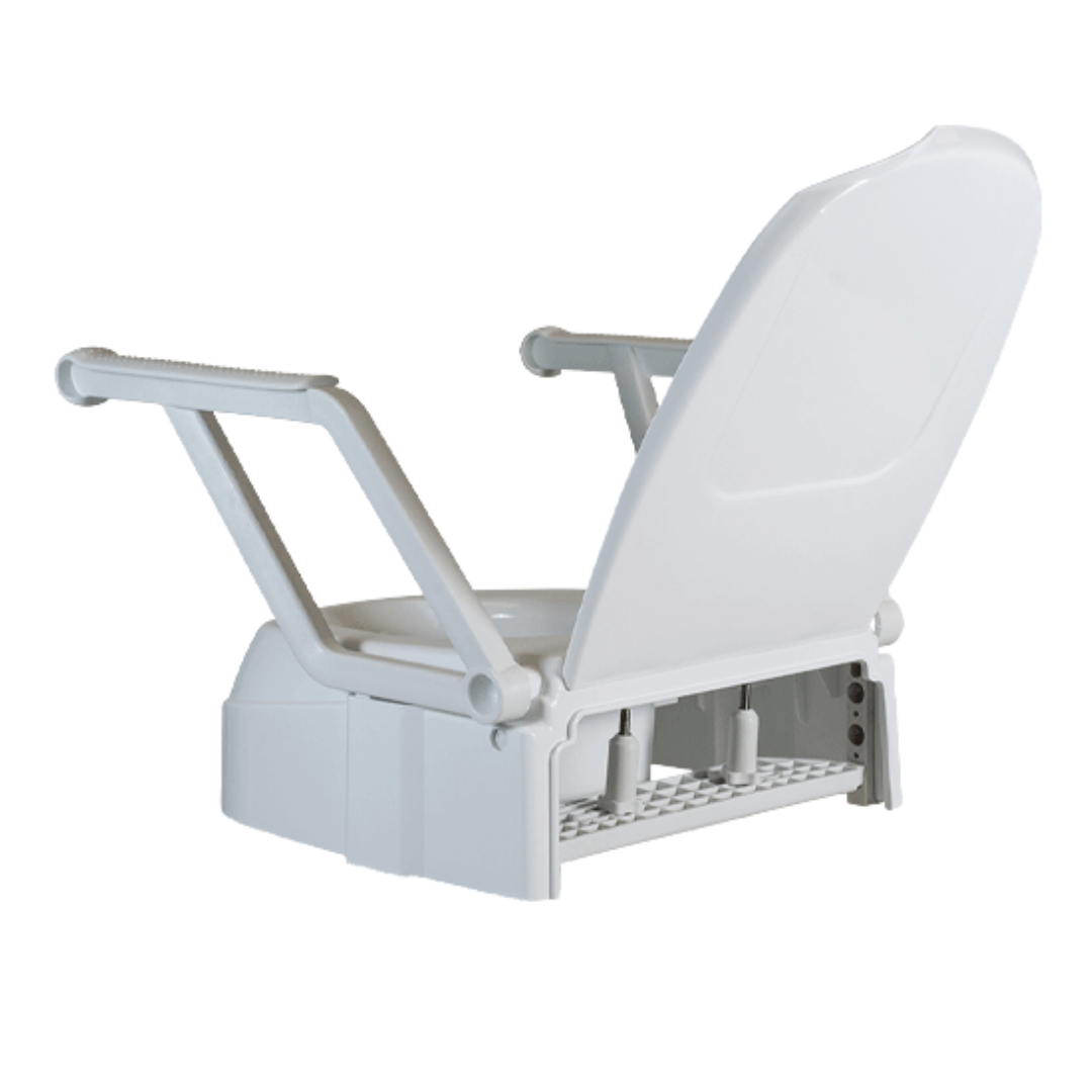 Aspire Raised Toilet Seat with swing back arms, textured grips, height adjustable, moulded plastic lid, safe 136 kg load for bathroom support.
