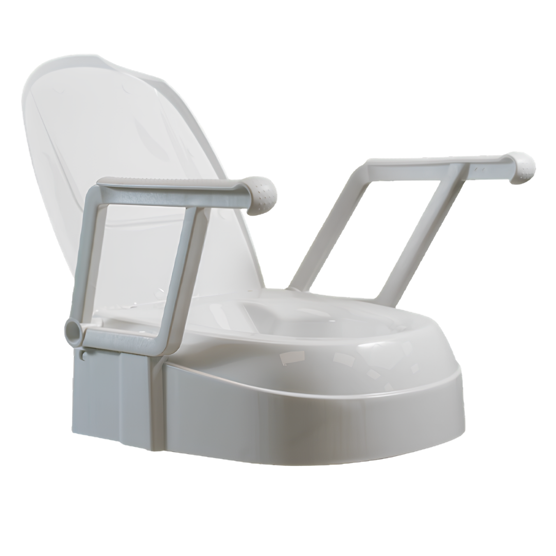 Aspire Raised Toilet Seat with swing back arms, textured grips, height adjustable, moulded plastic lid, safe 136 kg load for bathroom support.